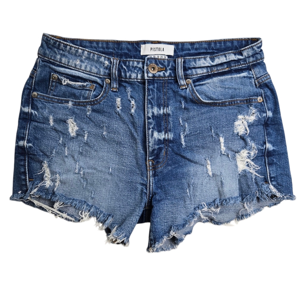 Pistola Distressed Frayed Denim Cotton Shorts Blue 28